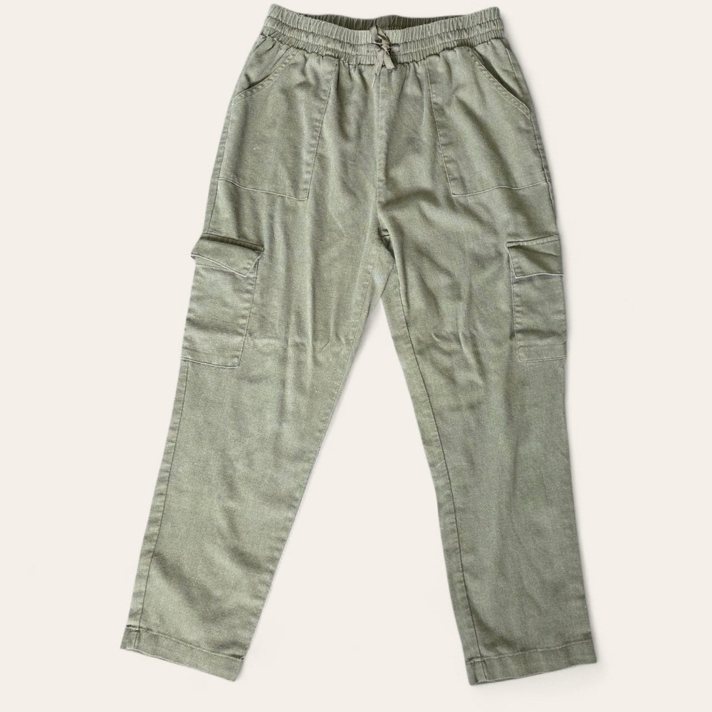 Cargo Pants Linen Blend Elastic Waist Large Olive Green Gorpcore Utility Coastal